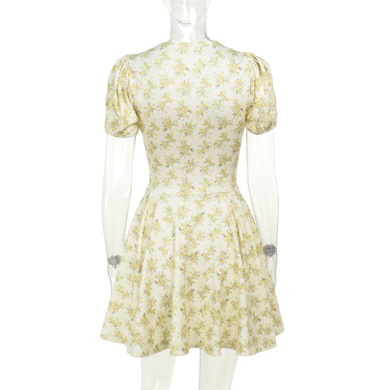 A-Line High Waist Short-Sleeve V Neck Botanical Dress