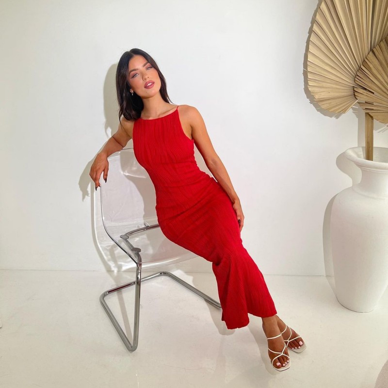 Open Back Sleeveless Collarless Polyester Mid Waist Dress