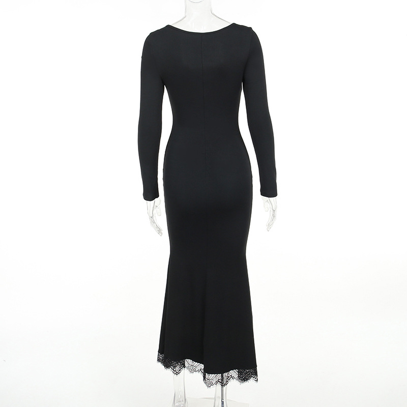U-Neck Long Sleeve Polyester Bodycon Dress