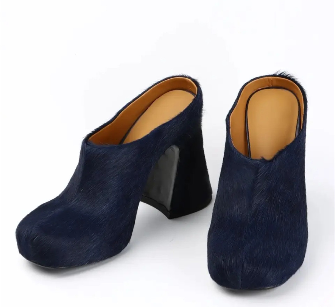 Round headed candy colored genuine leather horse hair with raised height inside casual lazy half slippers for women