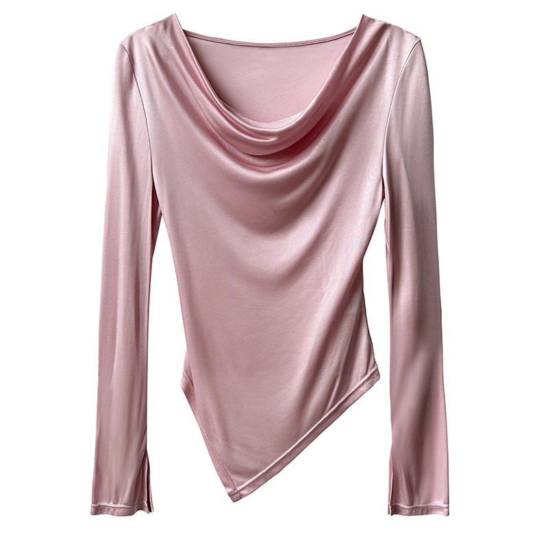 Women Slim Solid Cowl Neck Elongated Sleeve Tee