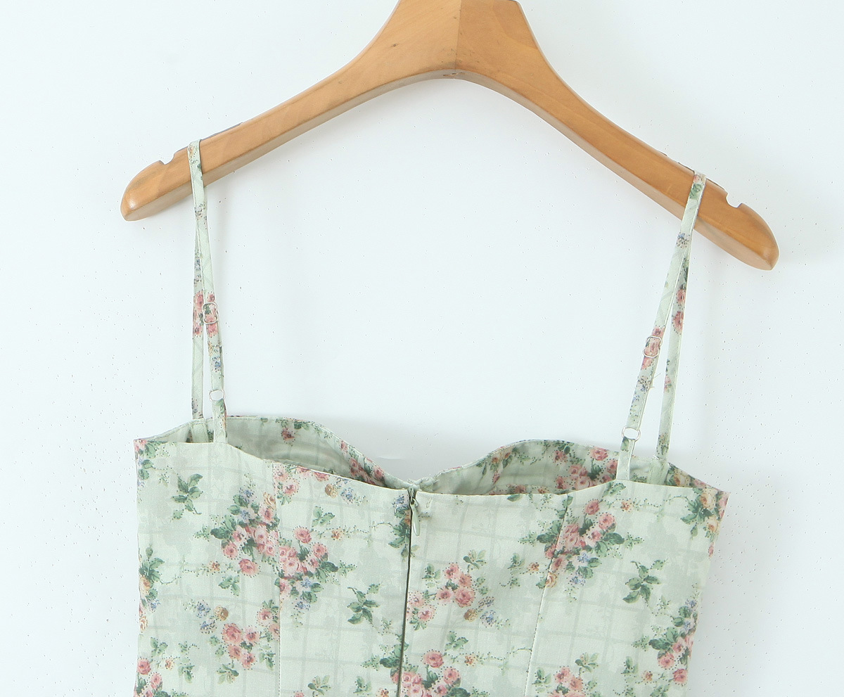 Green Floral Print Pleated Strapless Dress