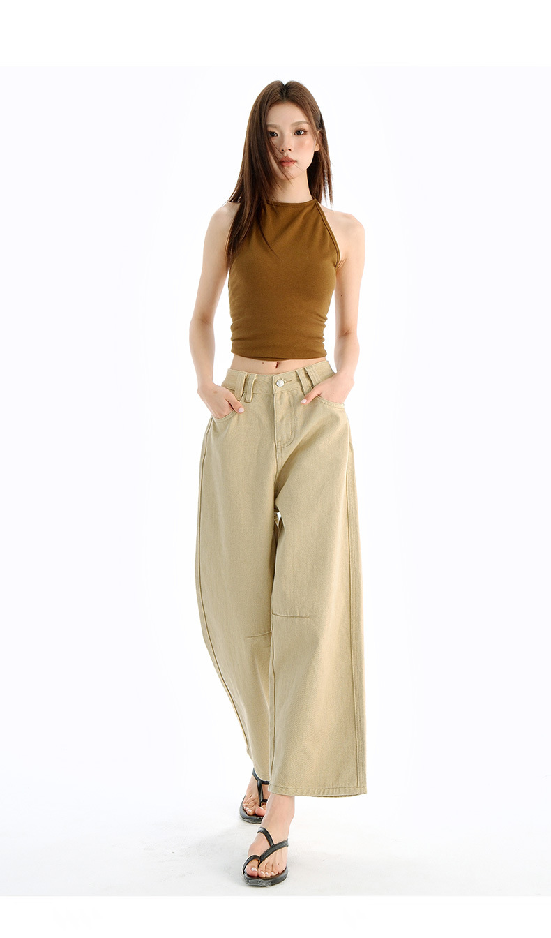 Vintage Washed Calf-Length Denim Pants for Women with Pleated Design, High-Waisted Straight-Leg Wide-Leg Trousers