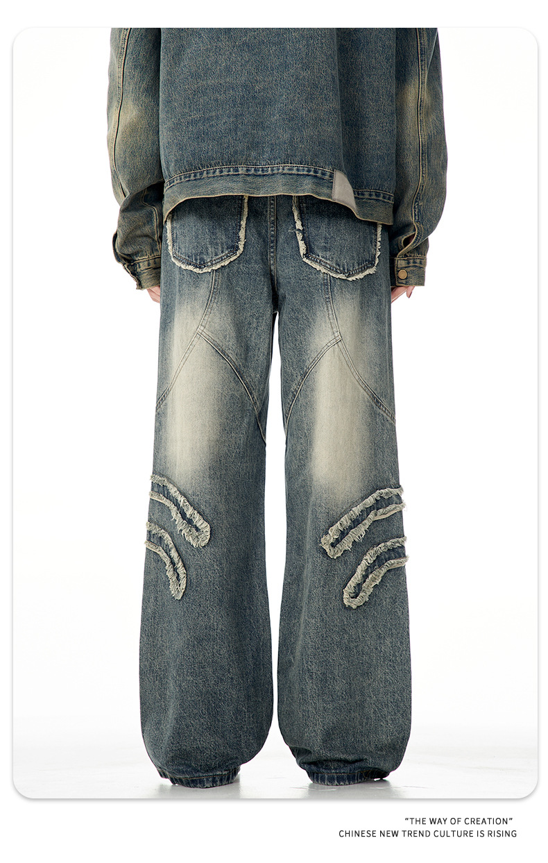 Faded Denim Pants Vintage Blue High Street Design Distressed Personality Straight Loose Casual Slim Fit Long Trousers