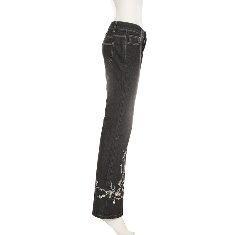 Plant flower embroidery slim fit and slimming flared jeans