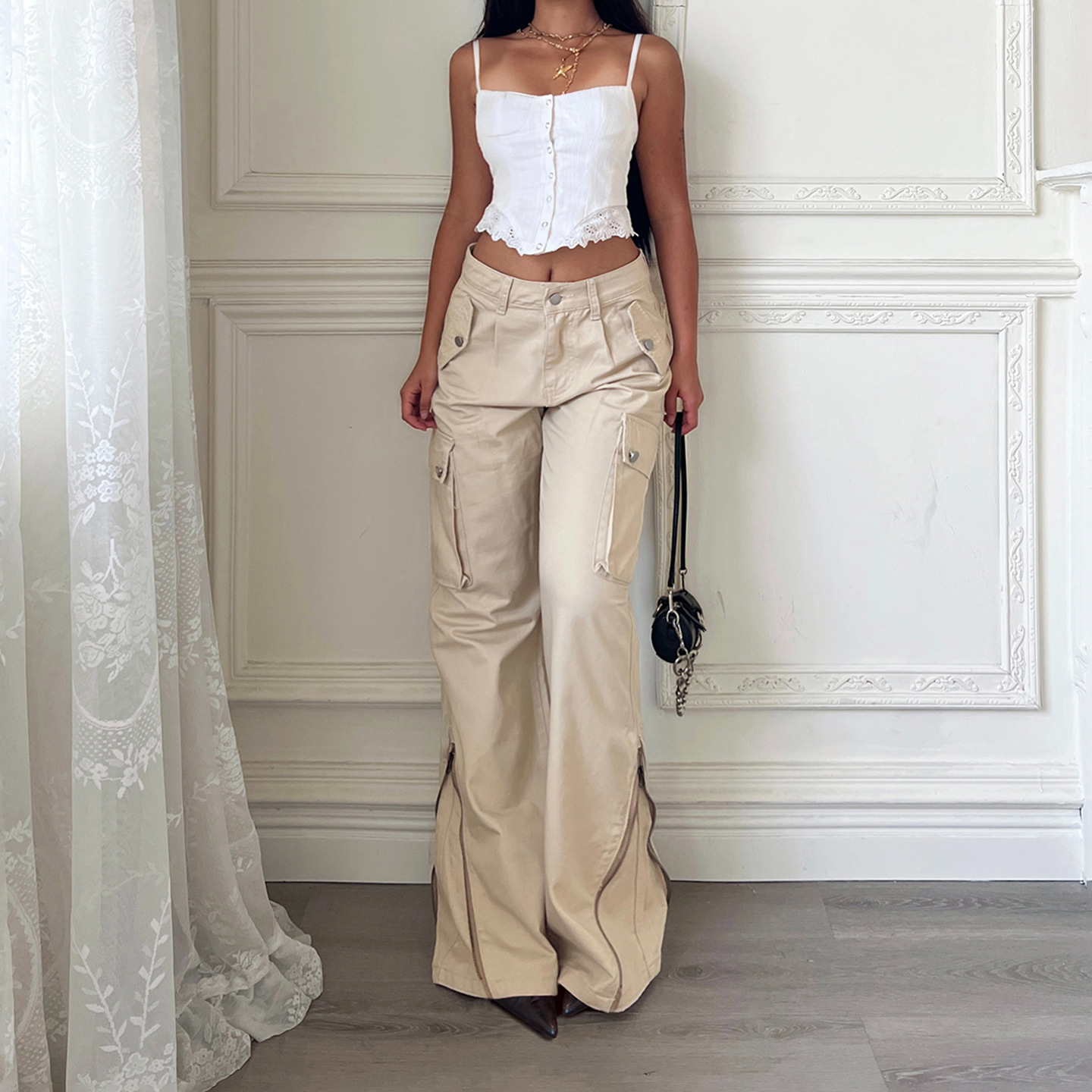 Retro zipper workwear casual wide leg slimming high waisted jeans