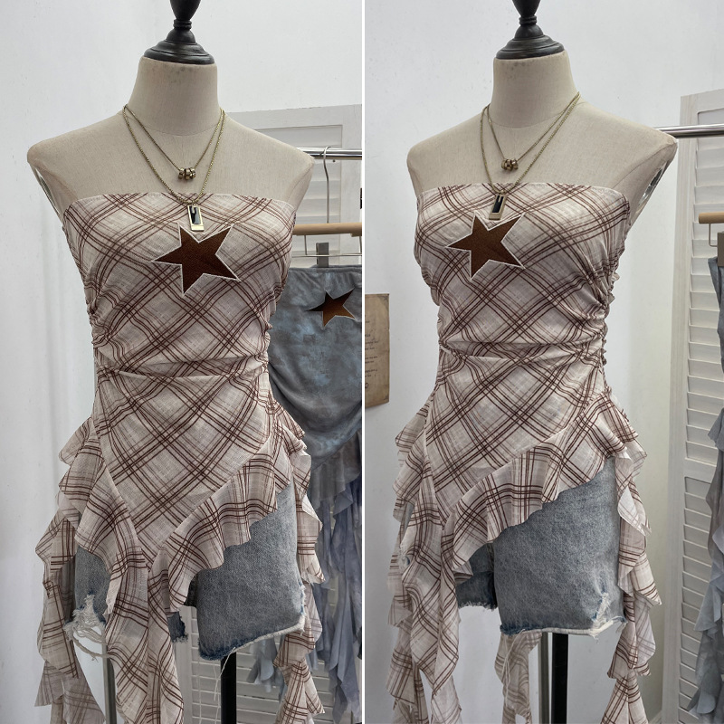 Sultry Asymmetric Plaid Mesh Strapless Top