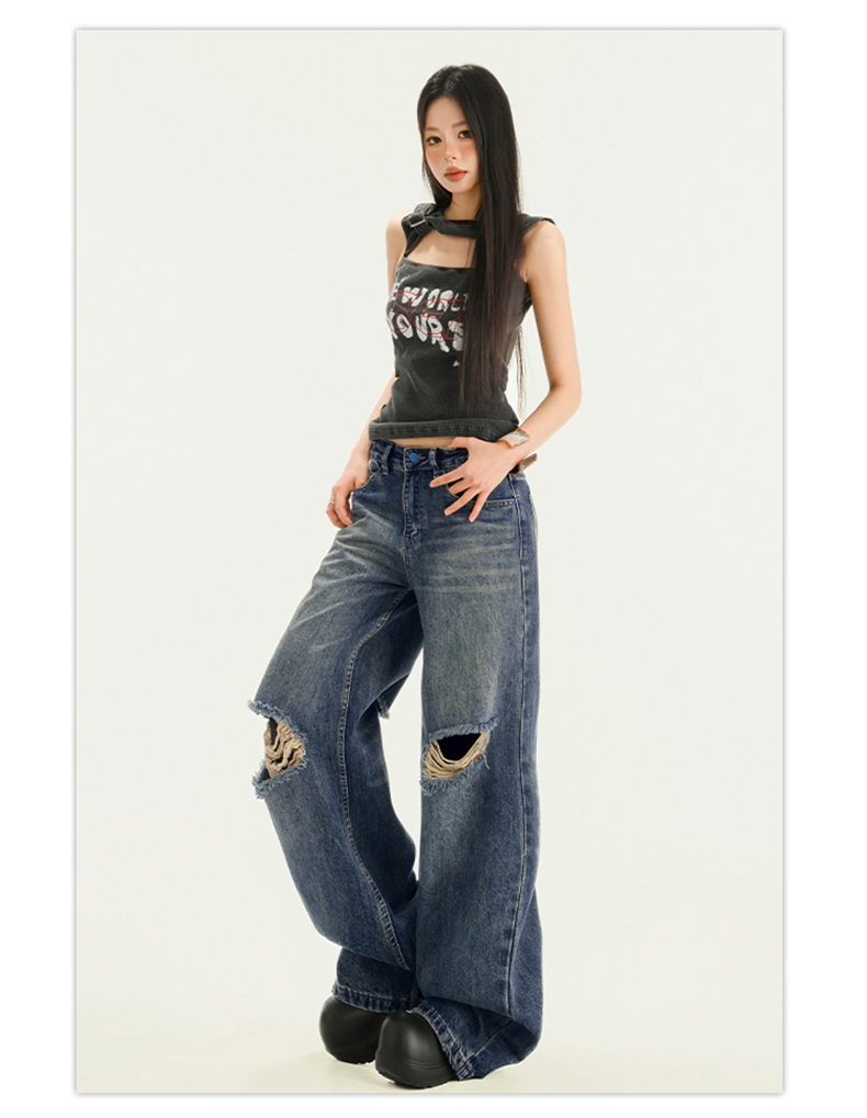 Women's Pocket Print High Waist Wide Leg Pants Summer Loose Slimming Distressed Denim Trousers
