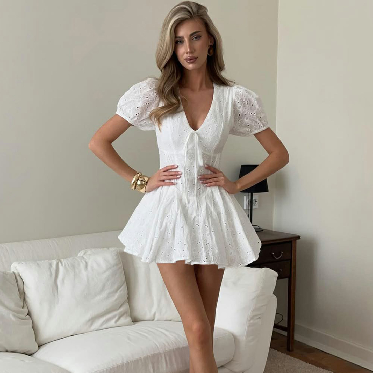 Charming Solid Cotton Mini Vee Neckline Low-Waist Dress