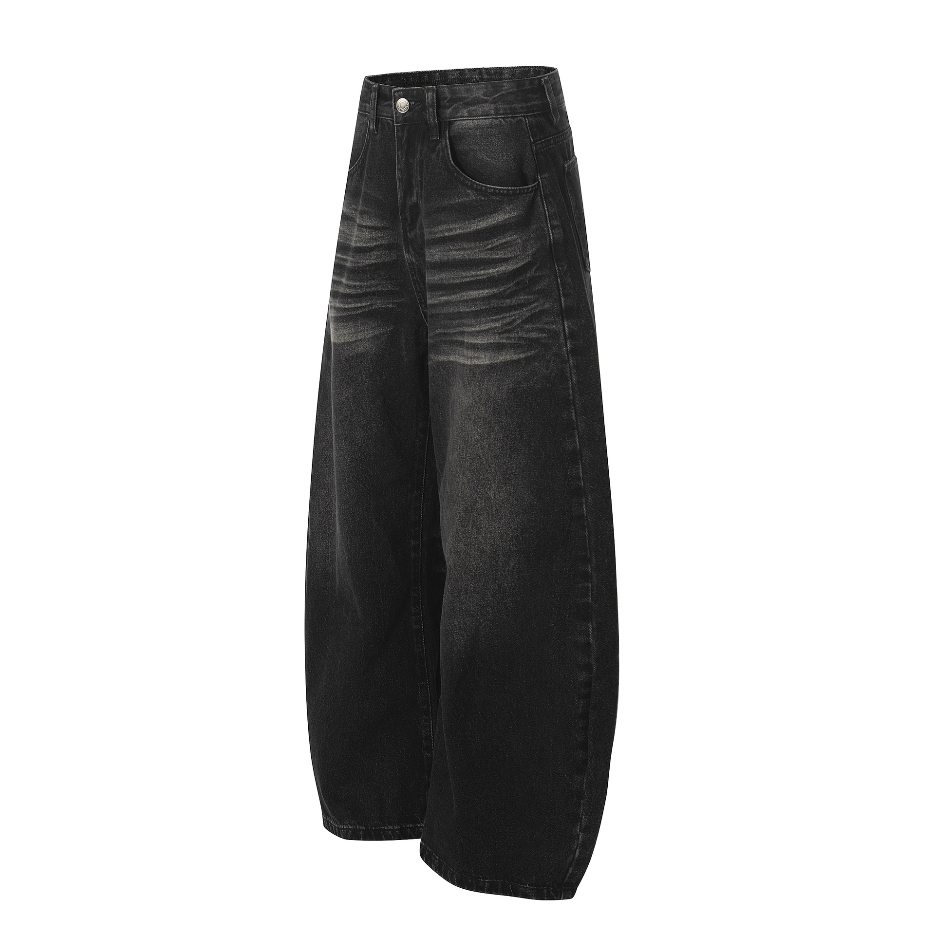 Style Washed Black Vintage Cat-Whisker Pattern Design Men's Loose Knife Cut Jeans