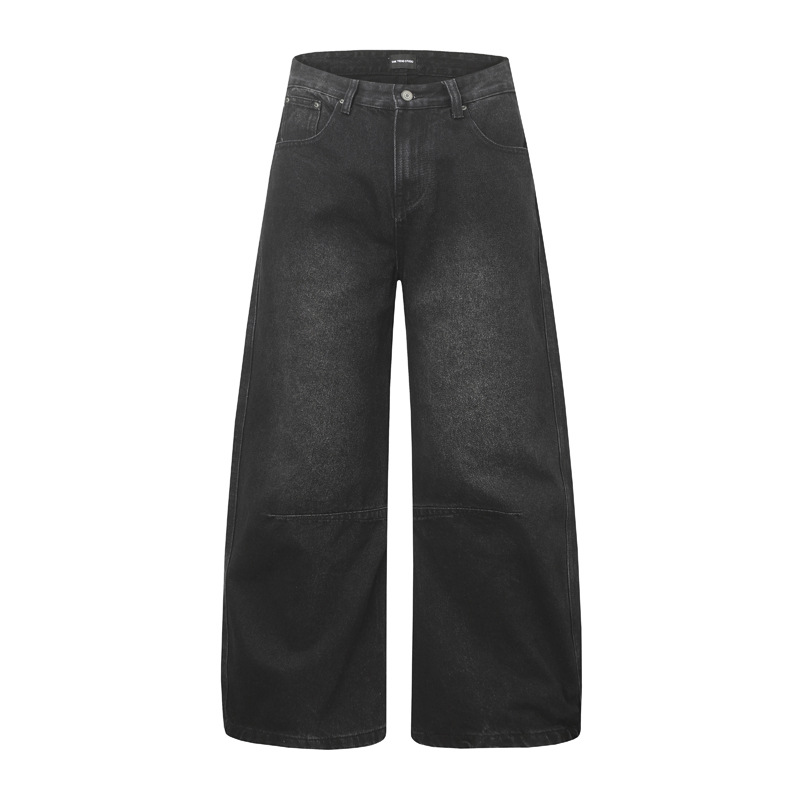 Street Casual Versatile Retro Pleated Washed Distressed Oversized Denim Pants Clean Fit Unisex Wide Leg Tapered Jeans