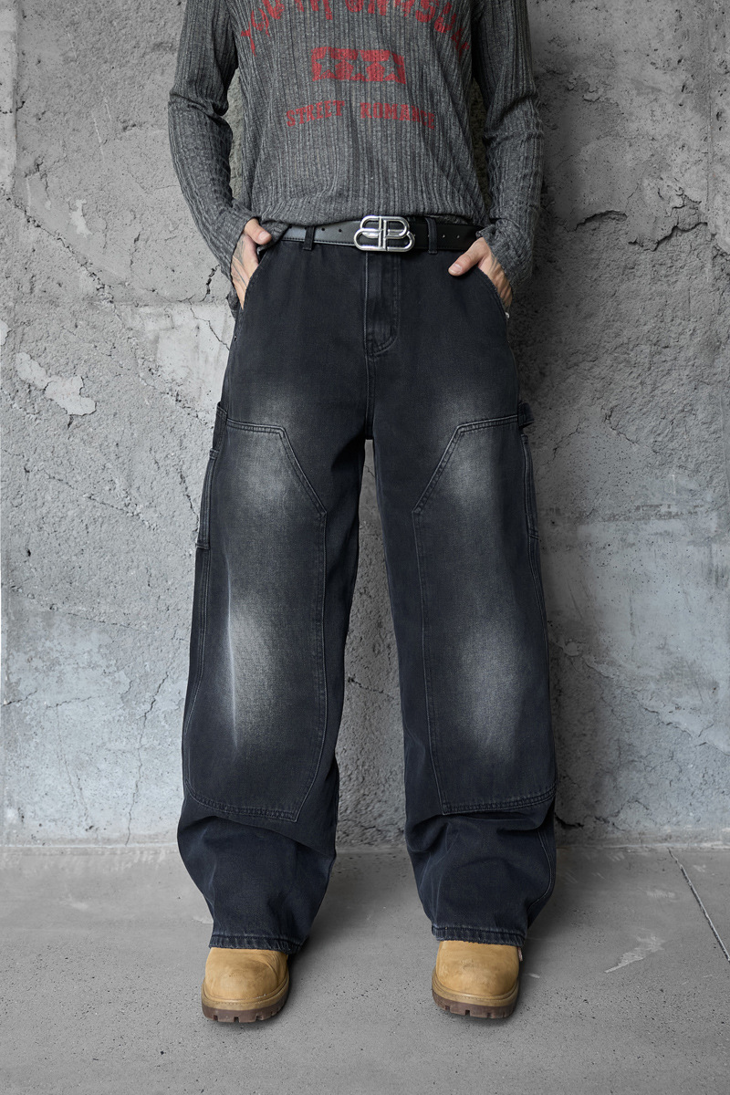 Loose Washed Multi-Pocket Straight Leg Wide Leg Jeans Unisex Loose Versatile Drapey Long Pants