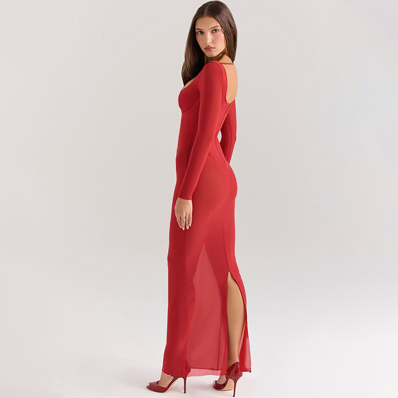 Sheer V-Neck Bodycon Full Sleeve Polyester Dress