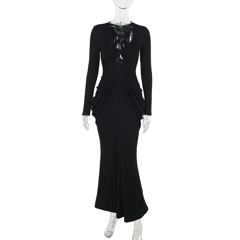 Plunging Neckline Long Sleeve Bodycon Dress