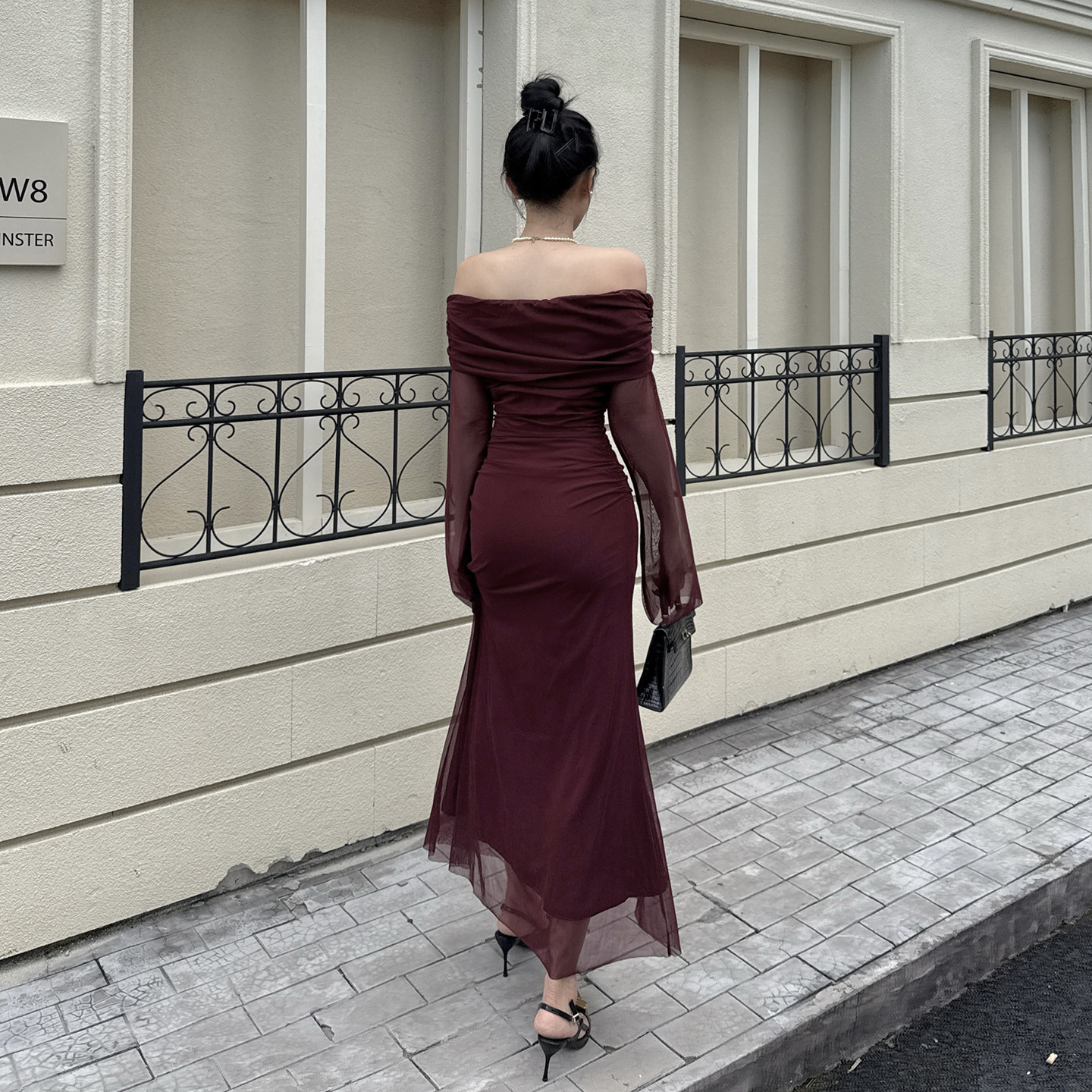 Asymmetric Neckline Three Quarter Sleeve Spandex Pencil Dress