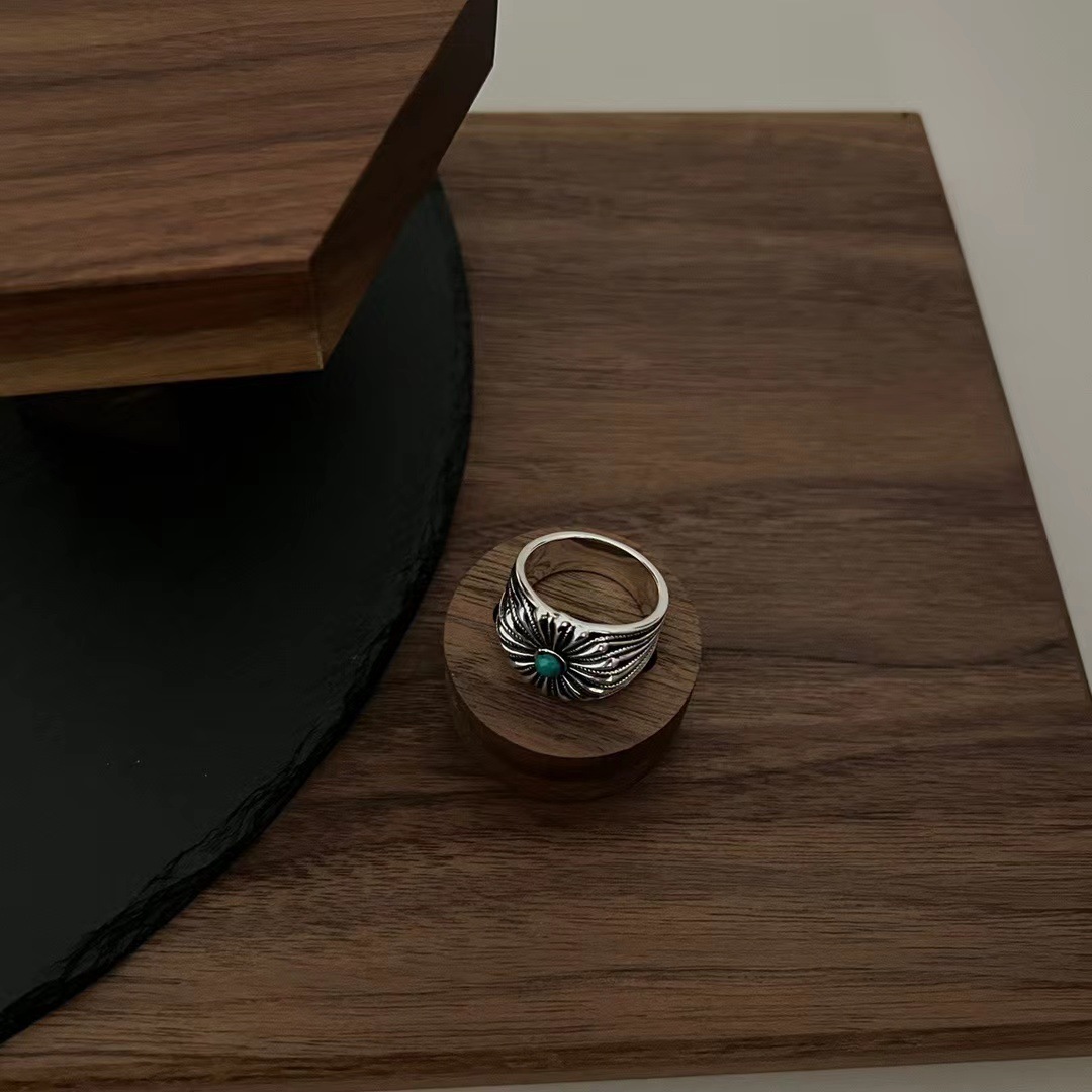 Gujia 925 Sterling Silver Sunflower Sunflower Turquoise Ring Star Matching Mens and Womens Ring Ring Ring
