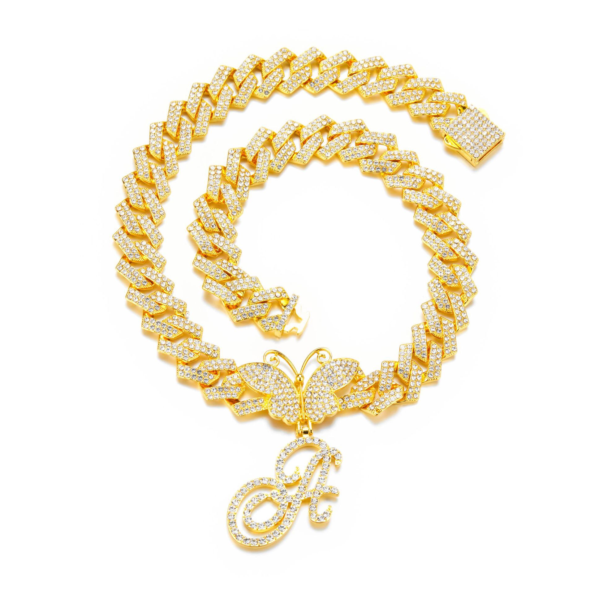 18inch Cuban Chain Butterfly Letter Full Diamond Pendant Cuban Chain Personalized Exaggerated Thick Chain Hiphop Jewelry