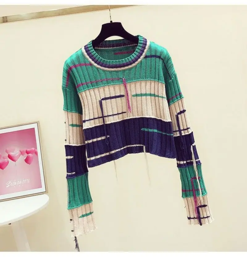 Ladies Colorblock Fringe Crew Collar Sweater