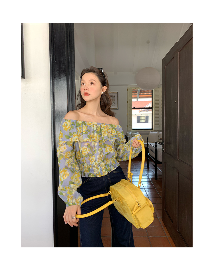 Long Sleeve Lotus Leaf Neck Fragmented Floral Blouse