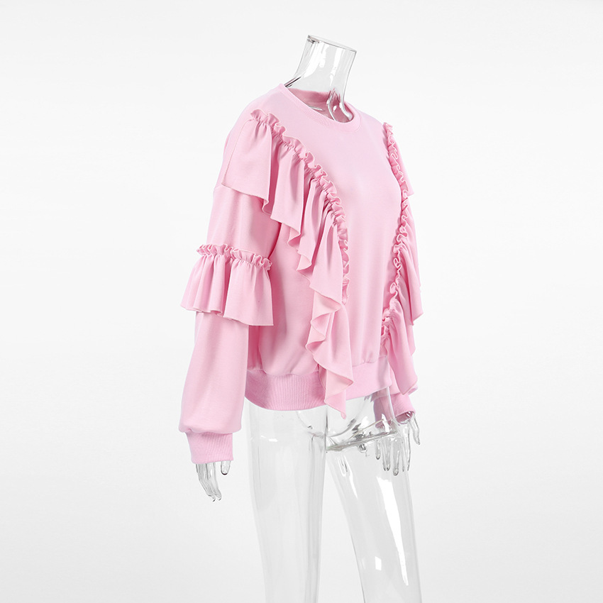 Commuter Relaxed Fit Cotton Crewneck Long-Sleeve Frill-Trimmed Top