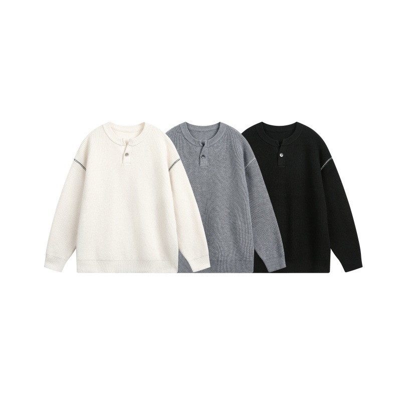 Block Hand Stitching Henley Collar Design Loose Knitwear