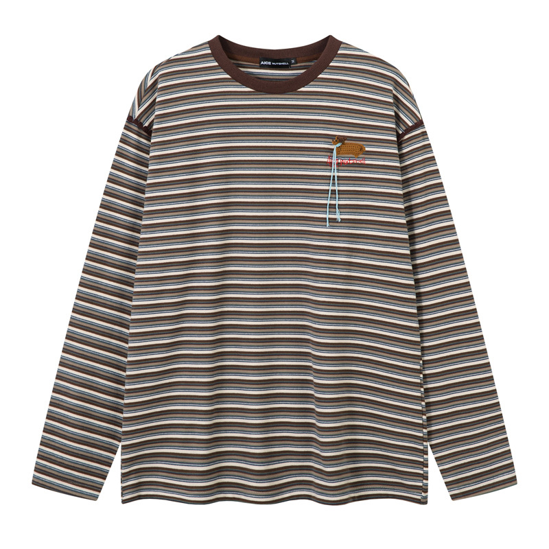 Retro Front Handmade Knitting Craft Round Neck Striped Long Sleeve T-Shirt Top College Style Couples Wear