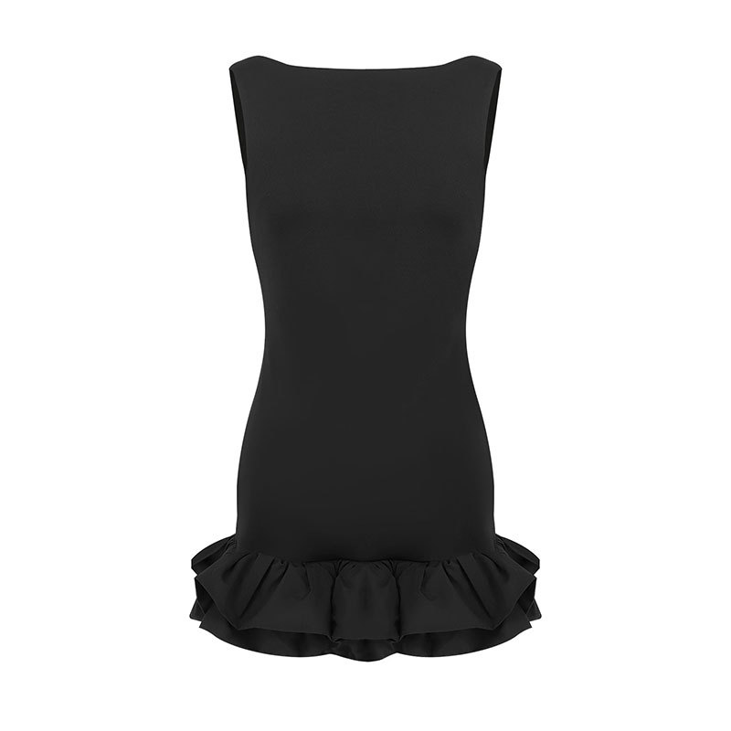 Plain Open Back Dress With Frill Trim