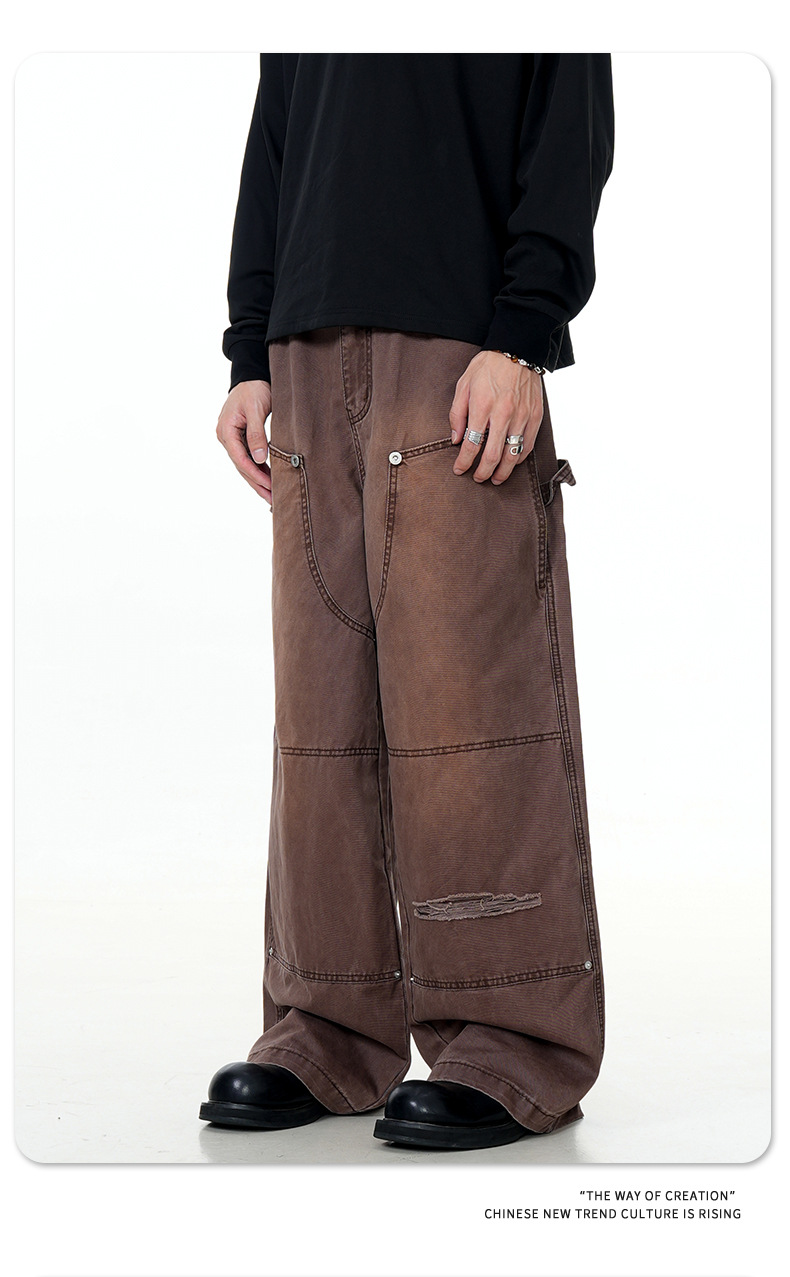 Carpenter Work Pants for Men and Women Vintage Washed Distressed Riveted Denim Loose Straight Leg Long Trousers