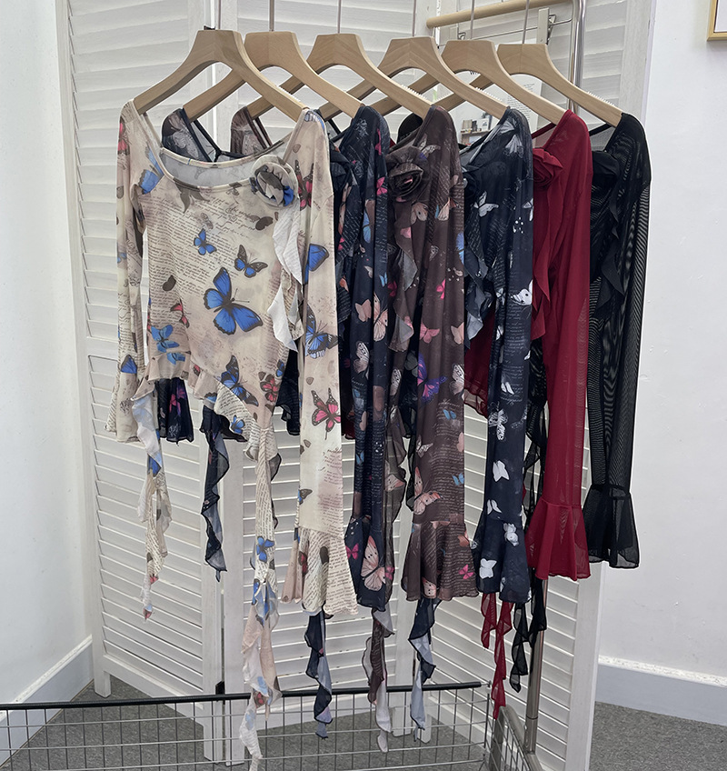 Asymmetric Pointed Floral Off-Shoulder Full Sleeve Top