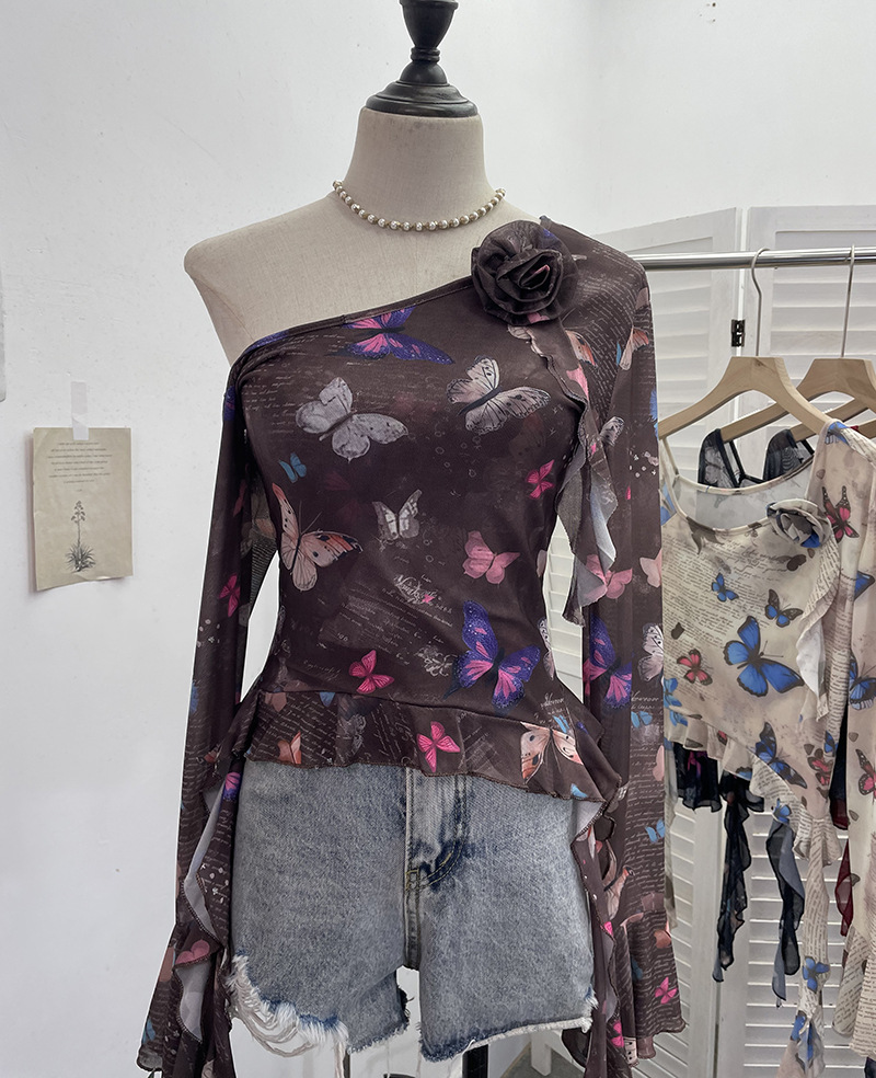 Asymmetric Pointed Floral Off-Shoulder Full Sleeve Top