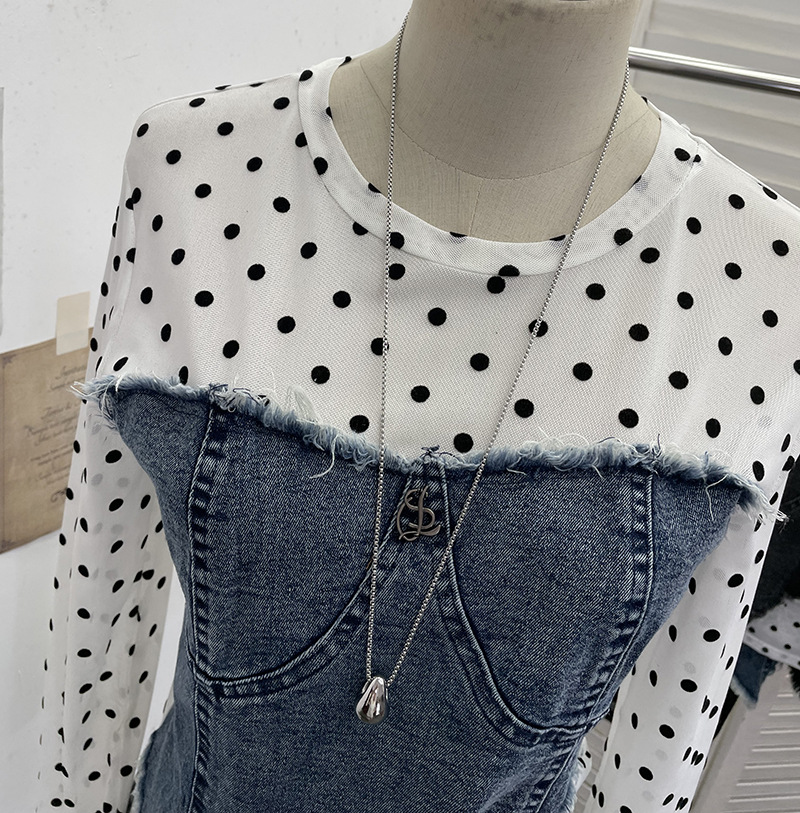 Asymmetric Distressed Jean Tailored Cropped Wrist-Length Tee