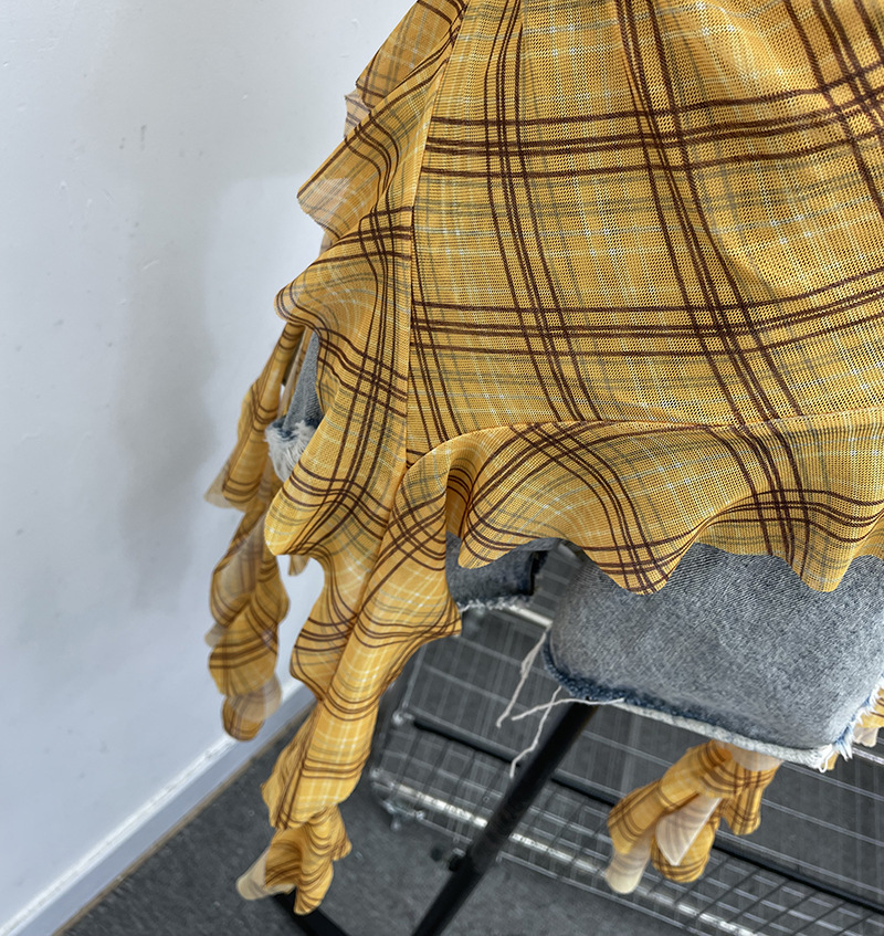 Sultry Asymmetric Plaid Mesh Strapless Top