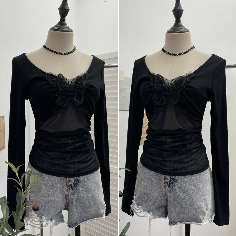 Full Sleeve V-Neck Openwork Slim Fit Tee