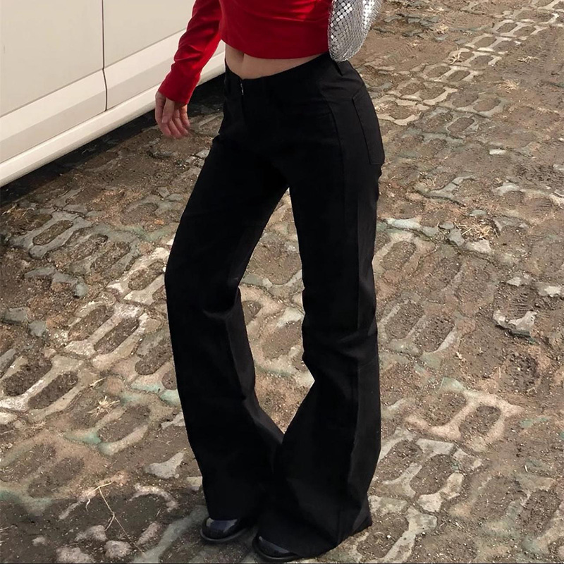 Retro trendy solid color horn low waist zipper denim pants