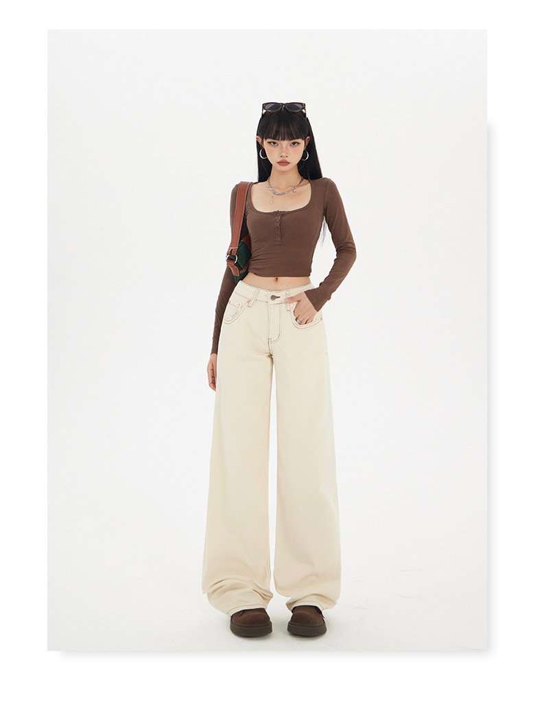 Women's Apricot Wide-Leg Jeans Slimming Versatile Low-Waist Floor-Length Straight Pants