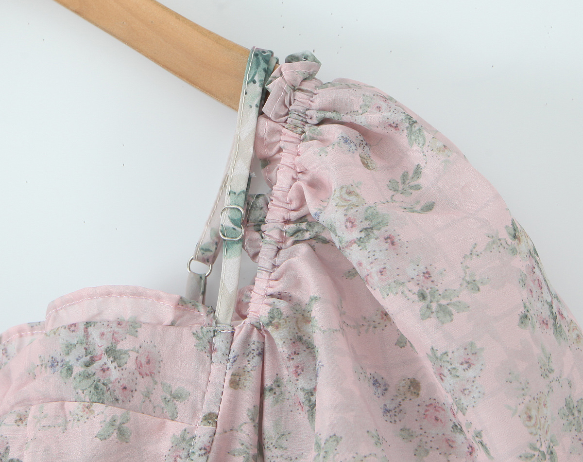 Square Neck Botanical Print Short Puff Resort Dress