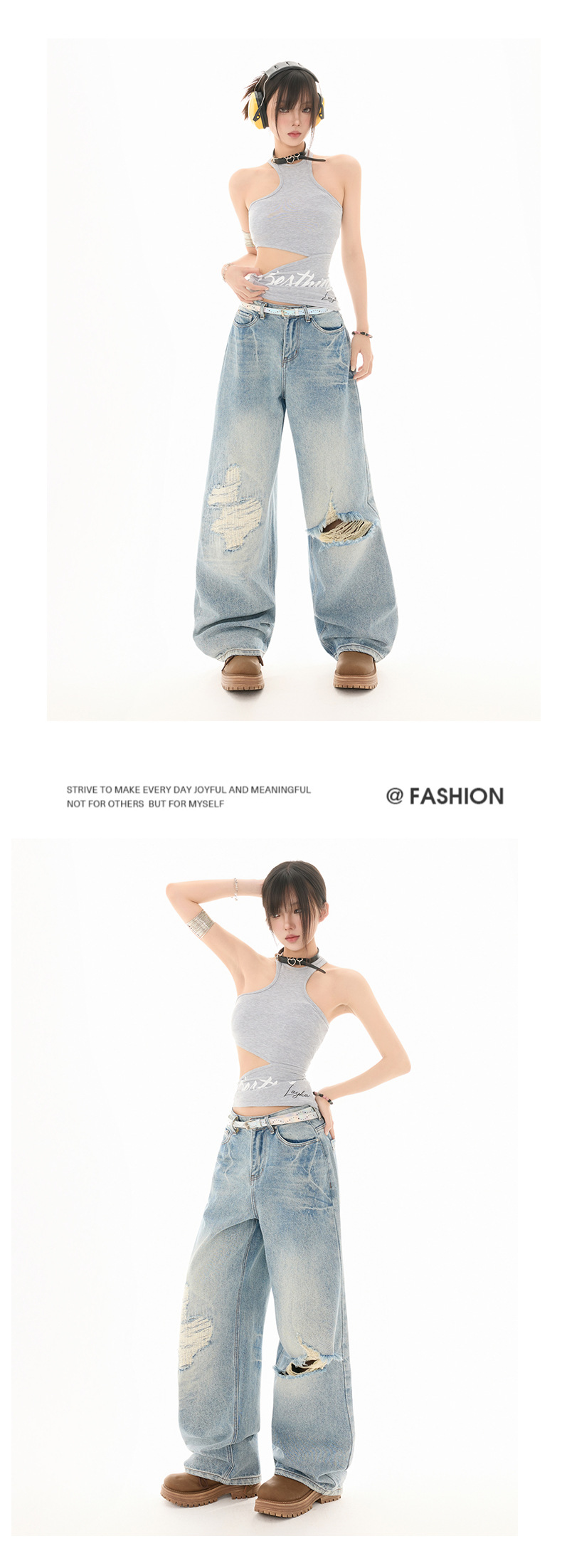 Women's Ripped Straight Leg Jeans Washed Vintage Design Loose Wide Leg Pants
