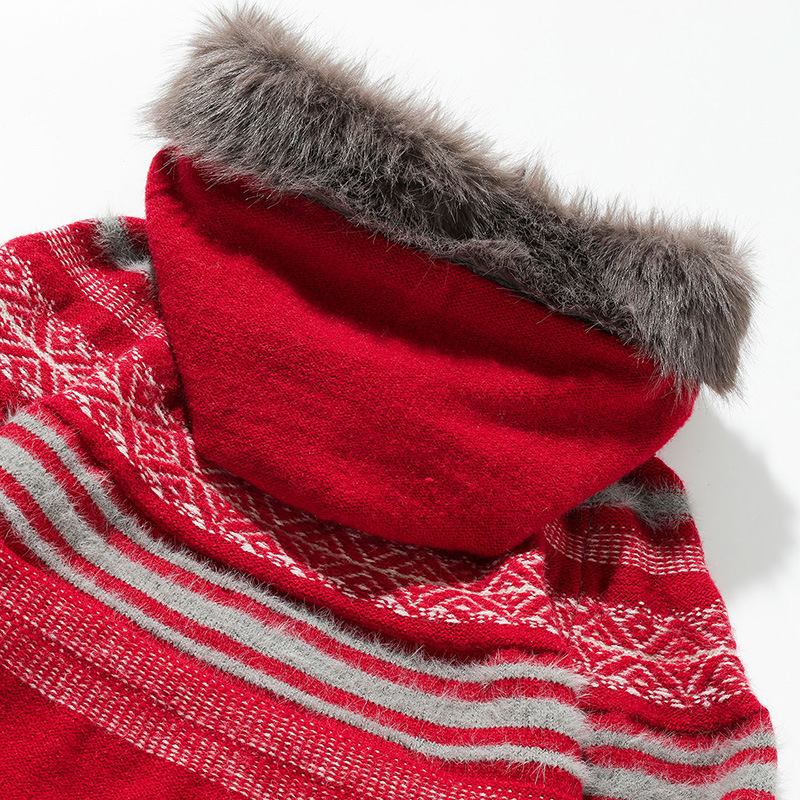 Matching Oversized Furry Trim Jacquard Knit Overcoat