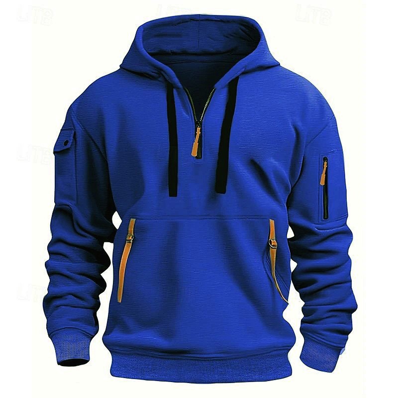 Loose Warm Men Hip-Hop Striped Cargo Zip Hoodie