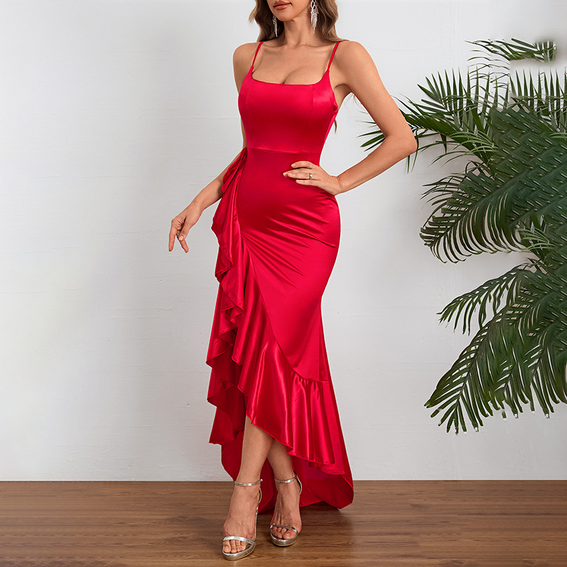 One-Shoulder Sleeveless Flounced Hem Polyester Spandex Dress