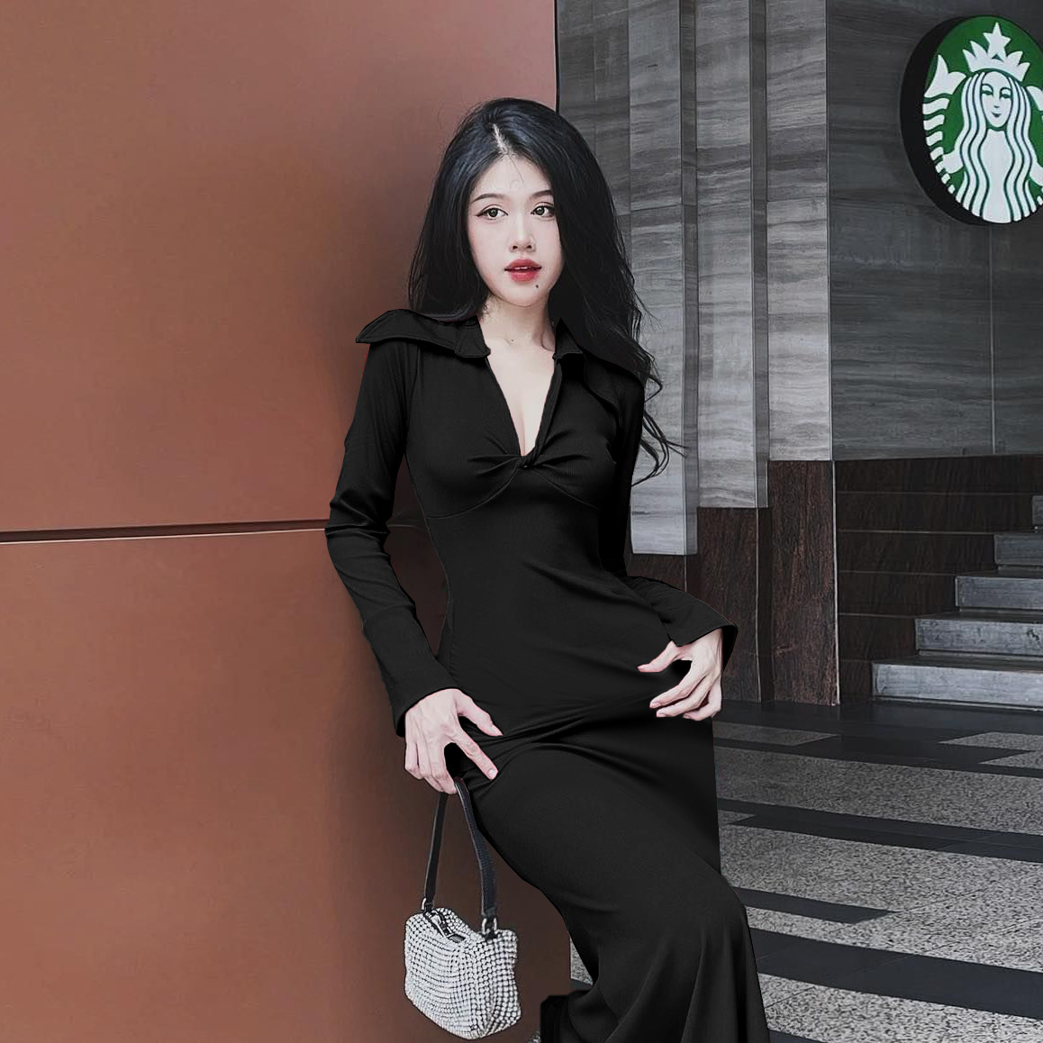 Bodycon Crossover Plunge Long Sleeve Dress