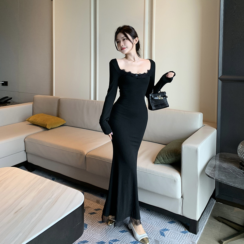 U-Neck Long Sleeve Polyester Bodycon Dress