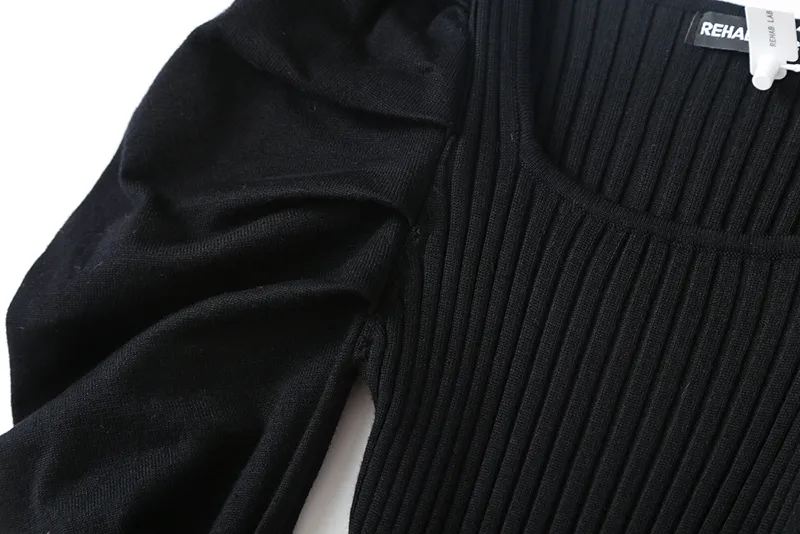 Ladies Knit Plain Geometric Neckline Puffy Sleeves Jumpsuit