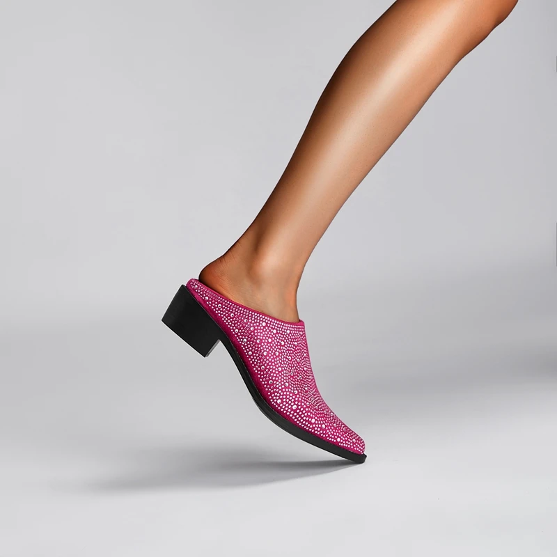 Ladies Tapered Toe Chunky Suede Crystal Mules