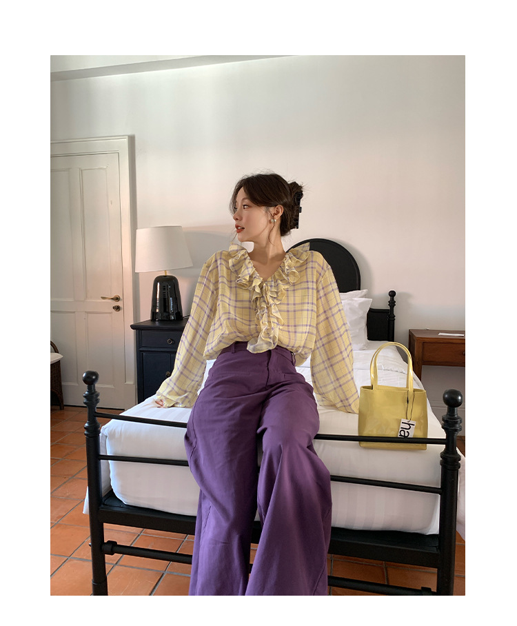 Breezy V-Neck Long Sleeve Loose Fit Checked Blouse
