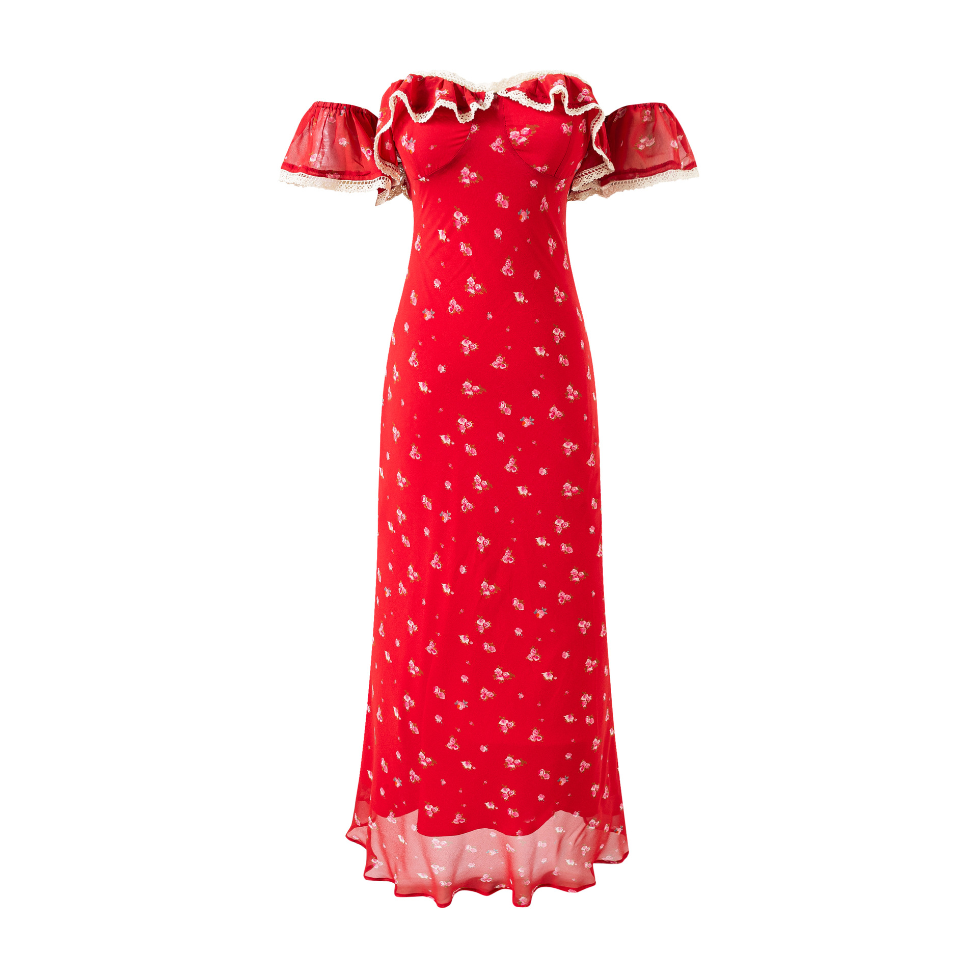 Asymmetric Sleeveless Scarlet Botanical Scalloped Trim Dress