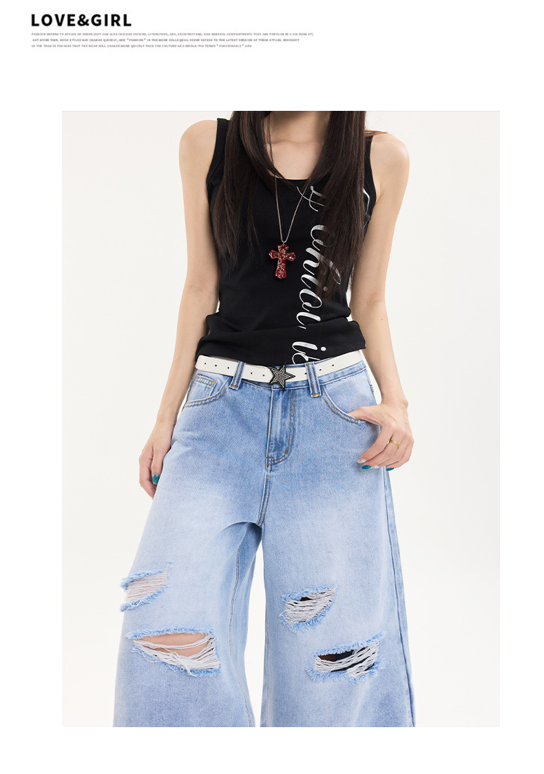 Black Gray Hole Seven-Point Denim Pants Women Vintage Wide-Leg Straight Leg Pants High Street Trendy