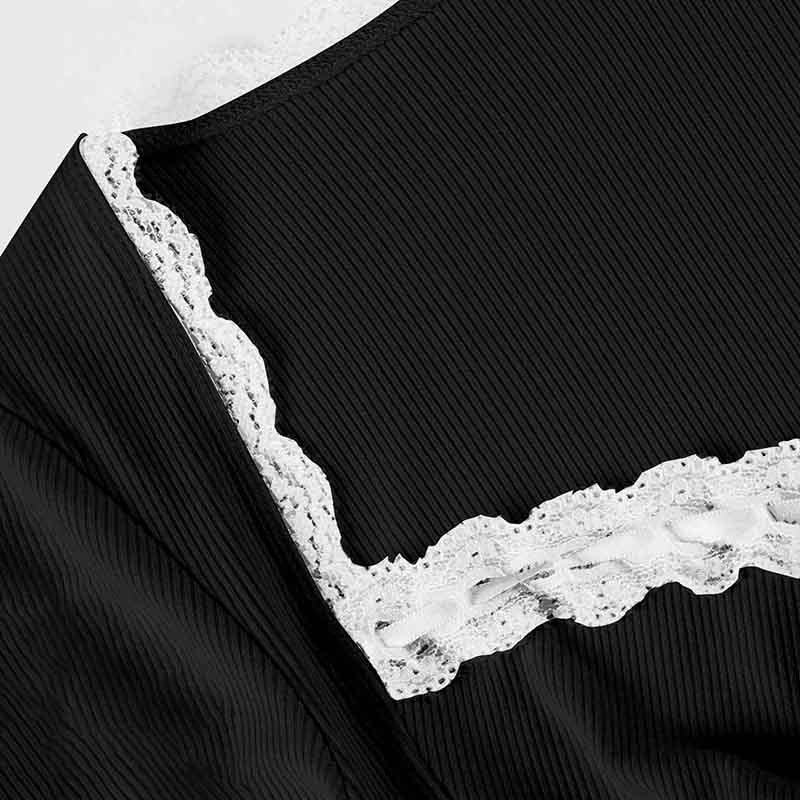Lace Splicing Pleated Tie V-neck Dress Versatile Slimming Waist Short Skirt