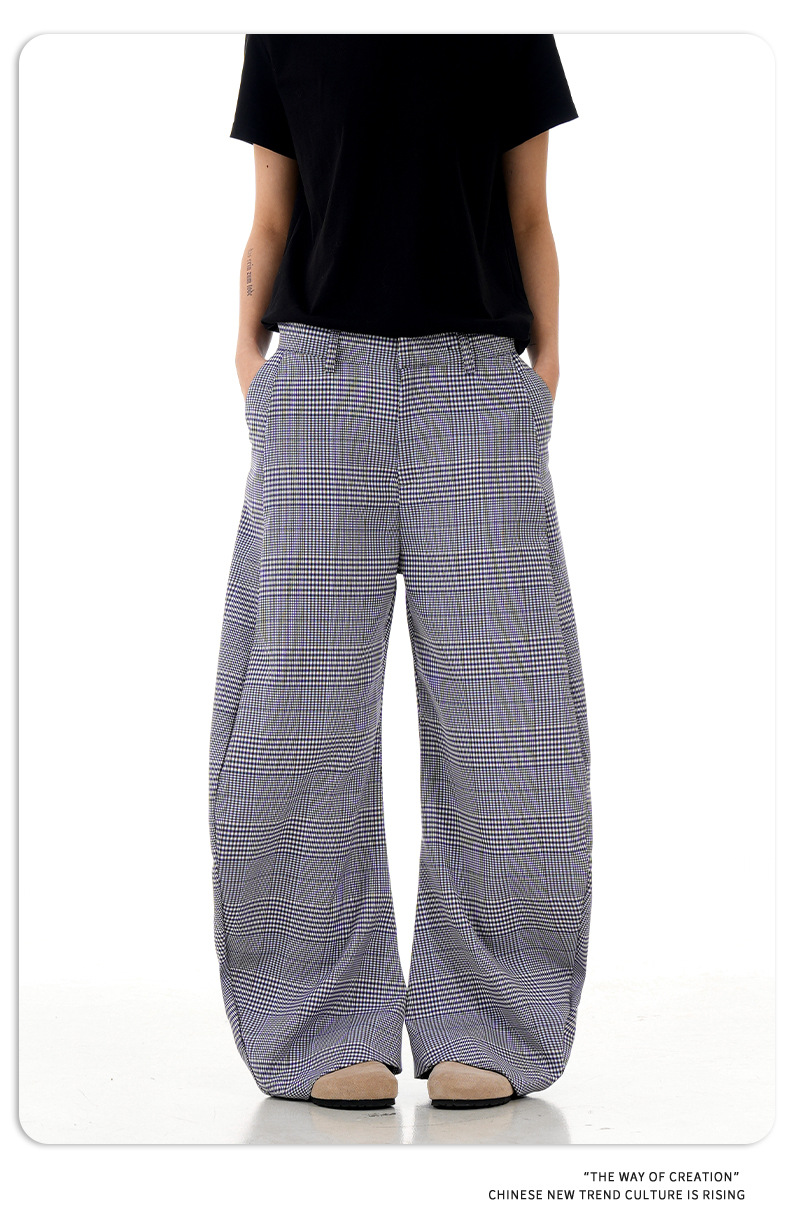 Blue Coffee Plaid Casual Pants Summer Loose Wide Leg Trousers