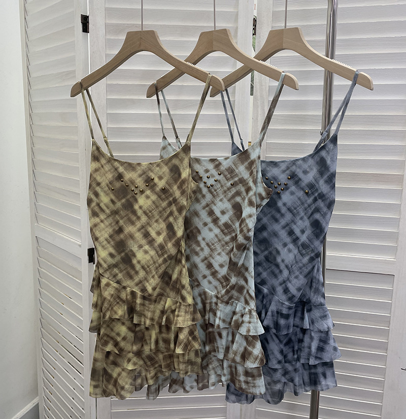 Irregular Rivet Mesh Camisole Dress with Ruffle Strap Sleeveless Top